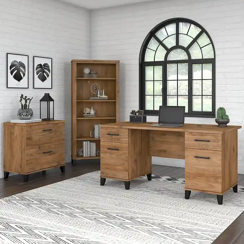 Somerset 60W Office Desk with Cabinet and 5 Shelf Bookcase
