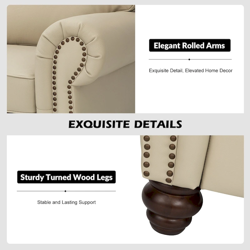 Balvino 81 Wide Transitional Genuine Leather Rolled Arm Sofa with Nailhead Trim and Removable Cushions