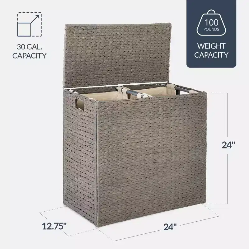 Best Choice Products Large Natural Water Hyacinth Double Laundry Hamper Basket w/ 2 Liner Bags, Handles