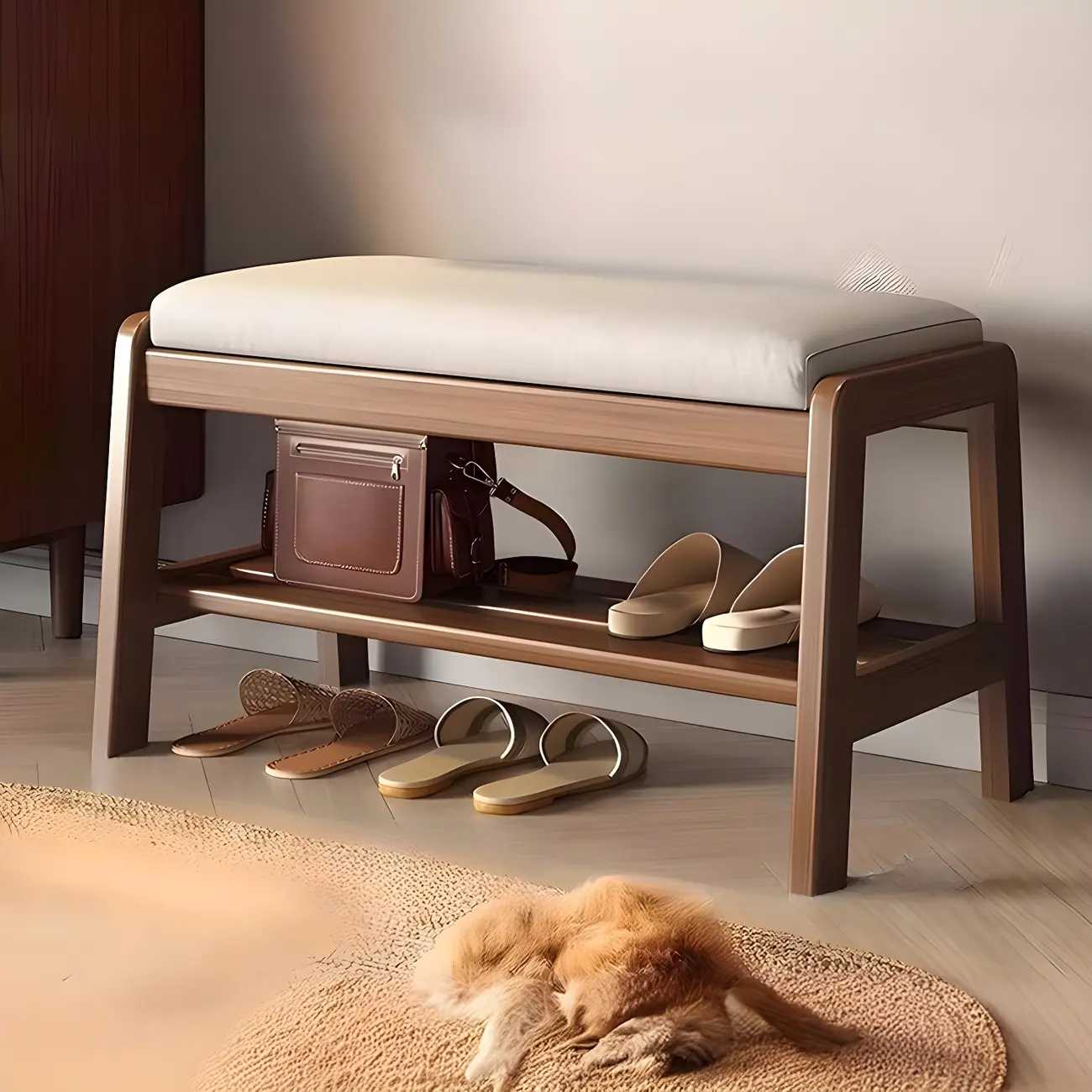 Entryway Solid Wood Cushioned Trapezoid Shoe Bench