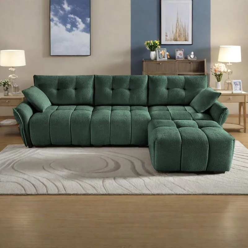 110.2 Chenille 3-Seater Sofa Set with Ottoman and Pillows, Solid Wood Frame and High-Resilience Cushions