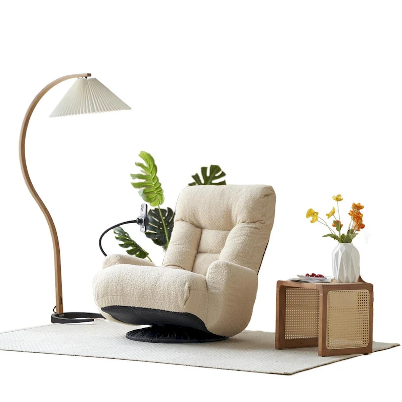 Beige Boucle Swivel Recliner with Phone Holder, Adjustable Headrest, and Backrest