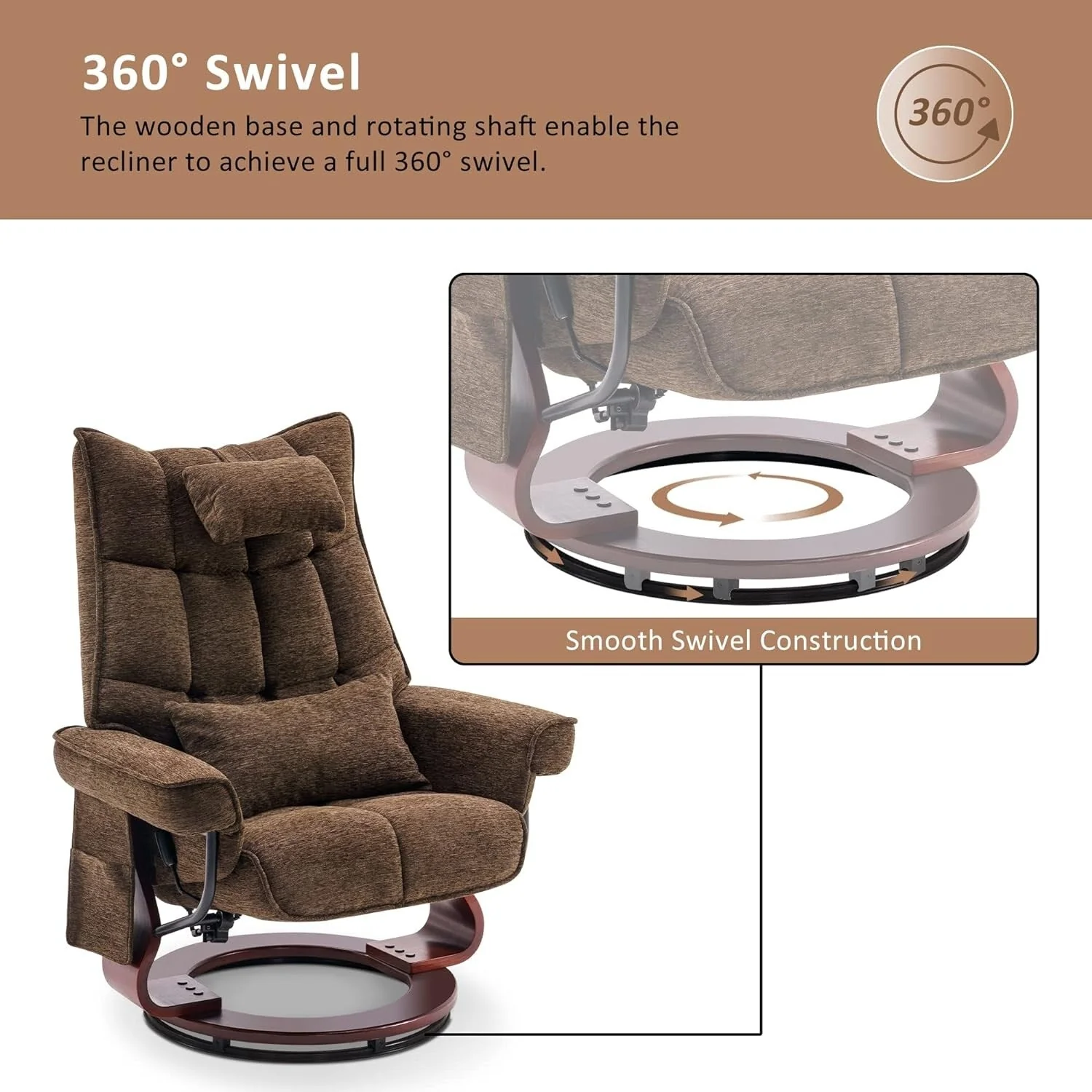 MCombo Set of 2 Swivel Recliner with Ottoman and Neck Pillow,Chenille Fabric