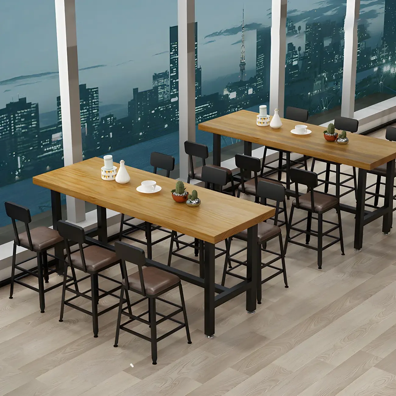 Rectangular Iron Frame Trestle Wood Bar Table with Footrest