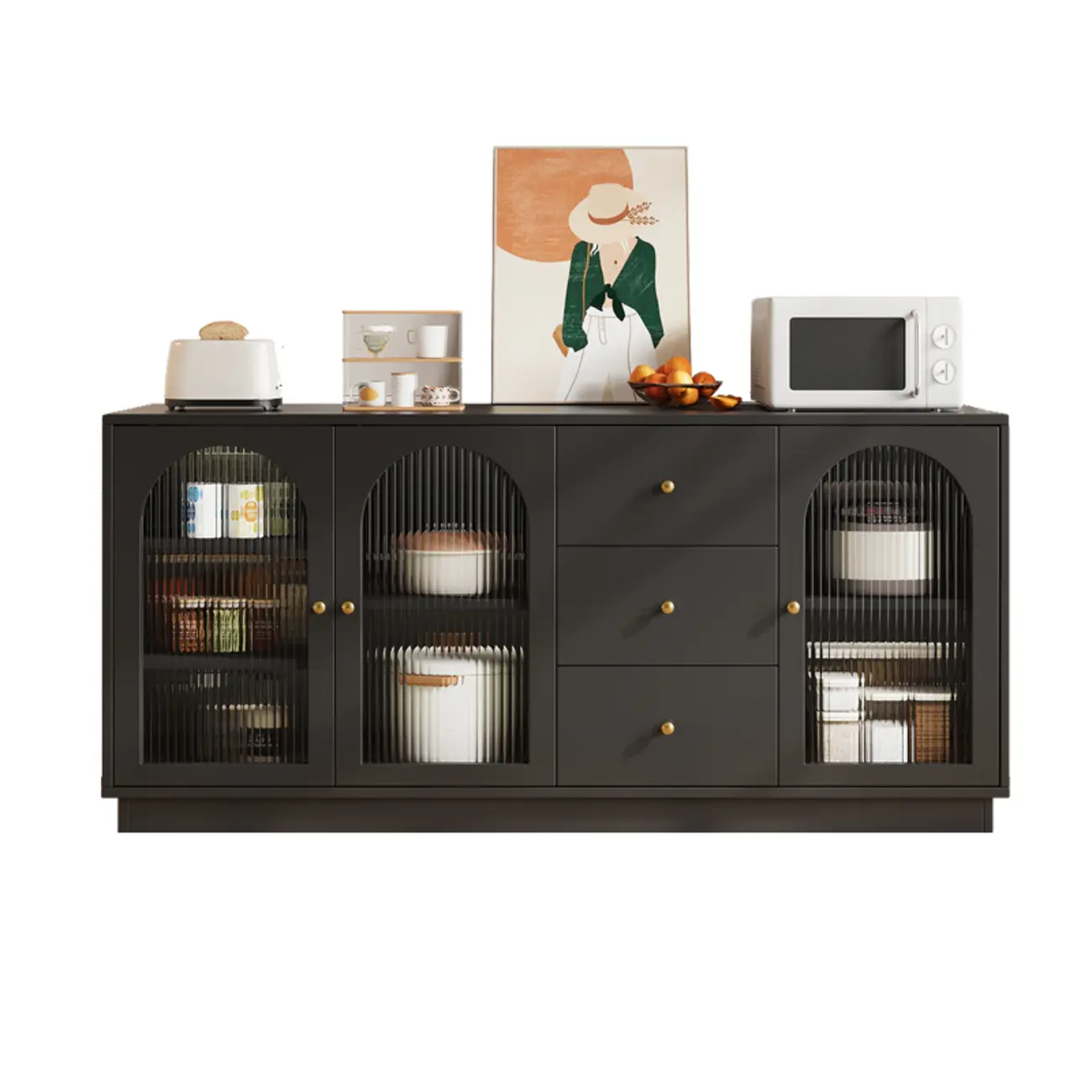 Elegant Adjustable Arched Glass Wood Buffet Cabinet with 3 Drawers