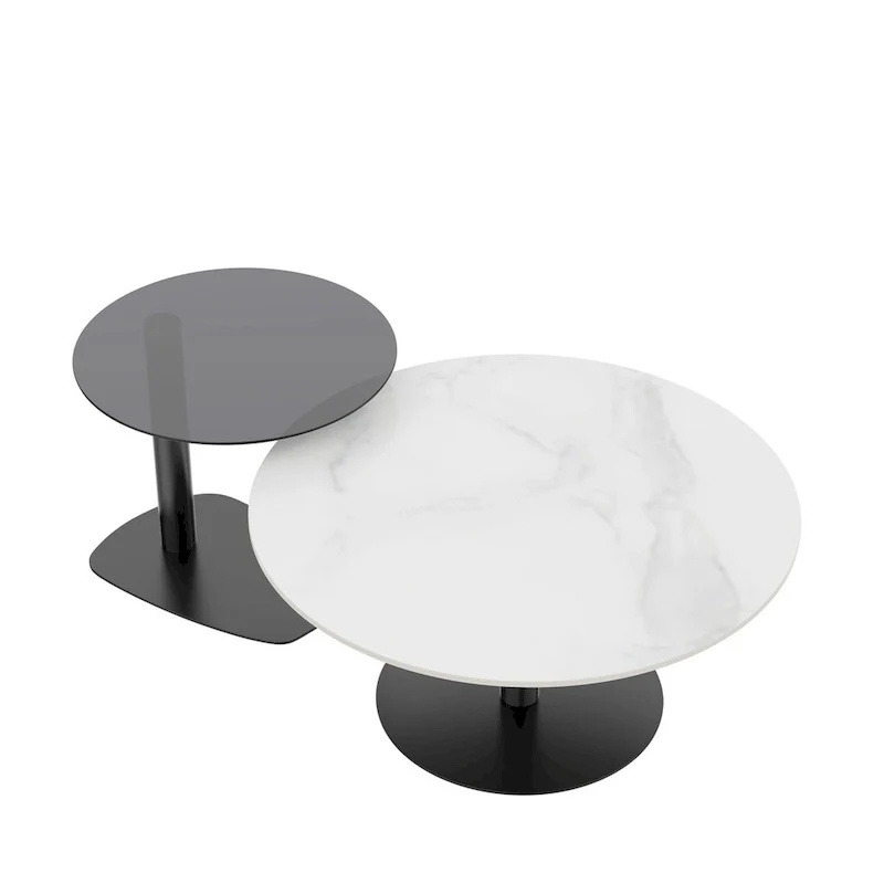 Set of 2 Modern Stacking Round Coffee Table Side Table Set with Slate Glass Top