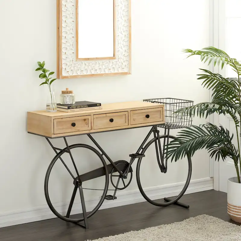 Metal Bike 3 Drawers Console Table with Brown Wood Top - Black - Roche River Decor - 15 Wx58 Lx34 H