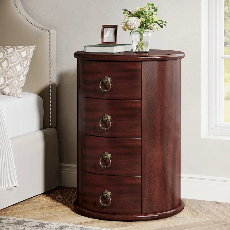 Cherry Brown Nightstand with 4 Drawers - Mid-Century Wood Bedside Table