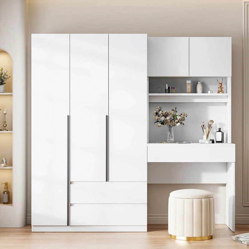 3-in-1 Wardrobe Closet with Vanity Desk, Desk Set, Bedroom Armoire with 2 Drawers 3-Door Storage Desk Wardrobe