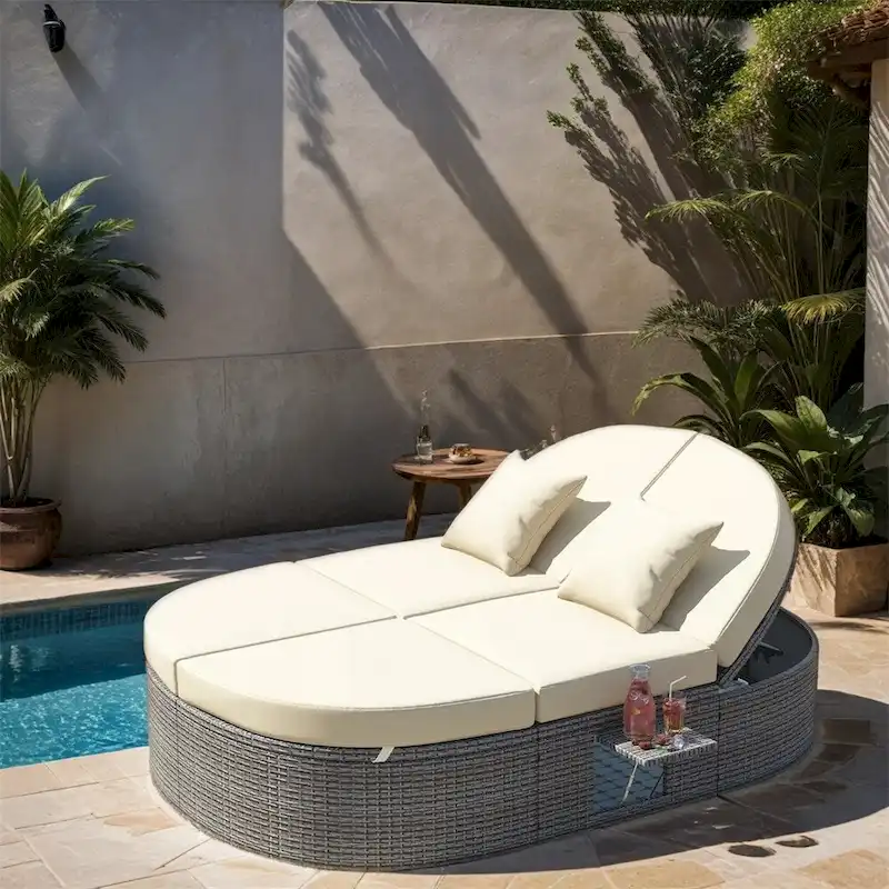 Outdoor Rattan Daybed with Adjustable Backrests and Foldable Cup Trays
