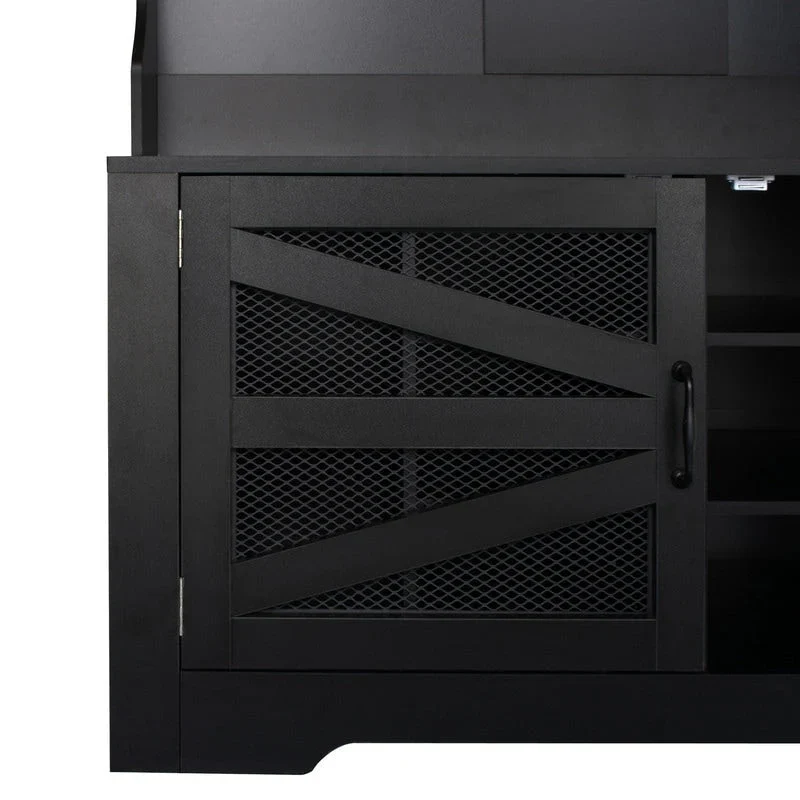 Wide Hall Tree with 10 Shoe Cubbies & 7 Coat Hooks, 43 W Coat Rack with Entryway Bench, 3-in-1 Design and Adjustable Shelves