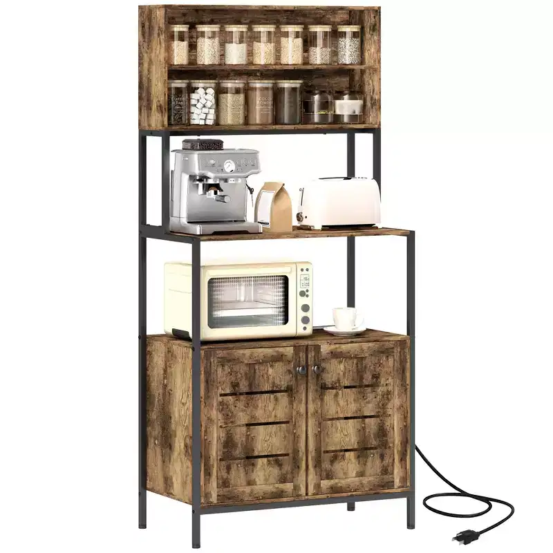 Rustic Brown Baker's Rack with Power Outlet, Louvred Cabinet Doors & Storage Shelves