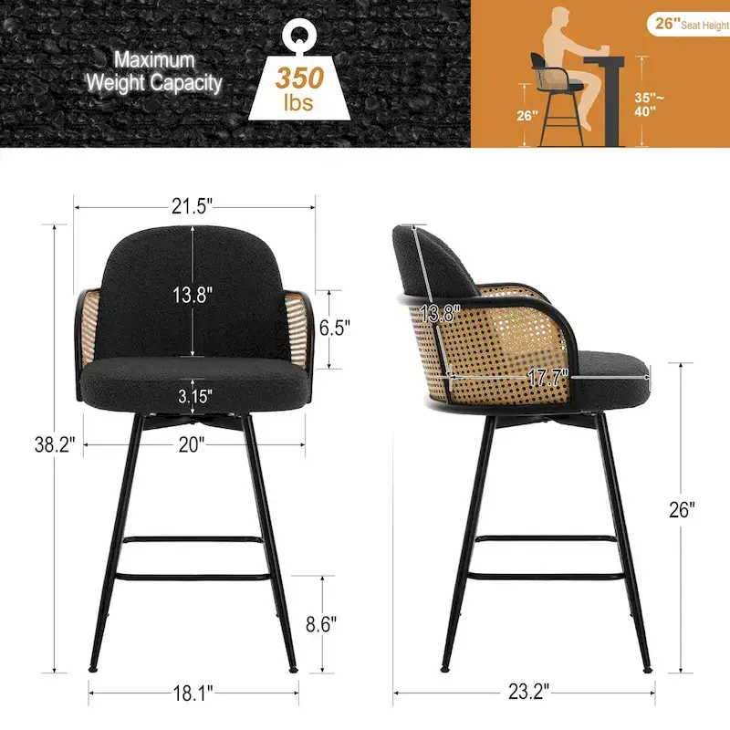 26-Inch Fabric Upholstered Swivel Counter Height Bar Stools - 38.2 H x 21.5 W x 23.2 D