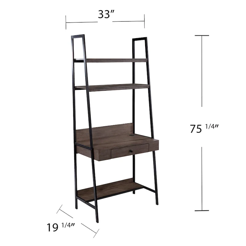 Ladder Desk - Gray Wood, 3 Shelves, 1 Drawer, Wireless Charger, Industrial, 33W x 75.25H
