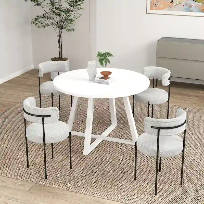 5-Piece Round Dining Set, Trestle Dining Table with 4 Boucle Chairs