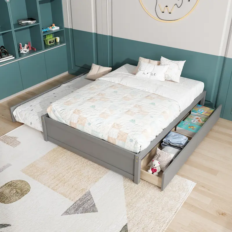 Full Bed Frame With Twin Trundle and 2 Drawers