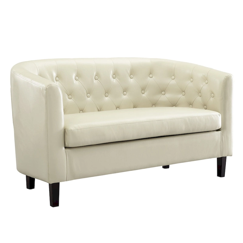 Midcentury Modern Button Tufted Faux Leather Barrel Loveseat - Comfy Tub Loveseat Sofa