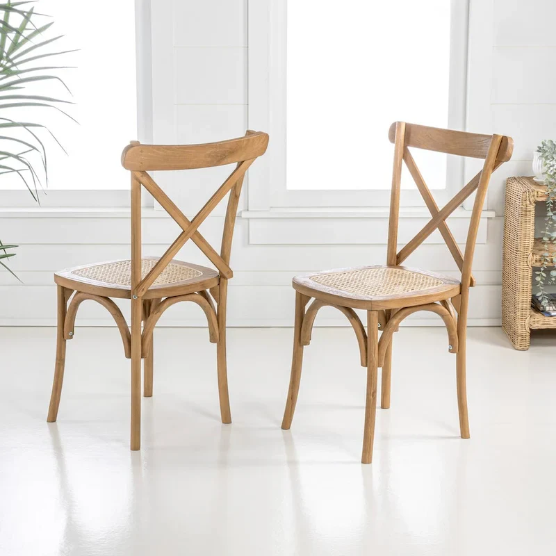 Colmar Classic Traditional X-Back Wood Rattan Dining Chair, Natural (Set of 2) by JONATHAN Y