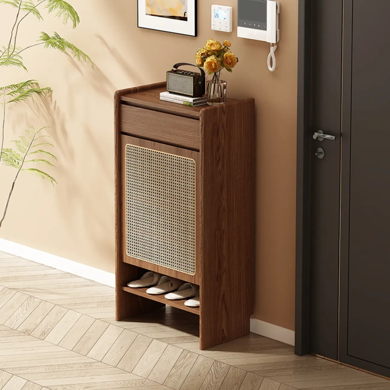 Boho Rattan Oak Shoe Cabinet Natural Storage