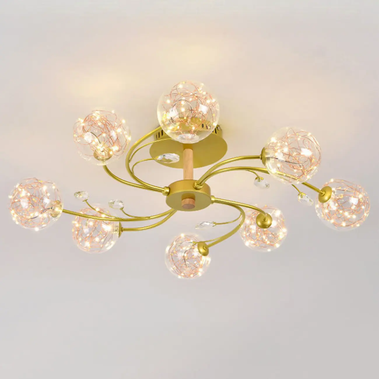 Crystal Globe Shade Gold Semi Flush Mount Light 3-Gear Dimming