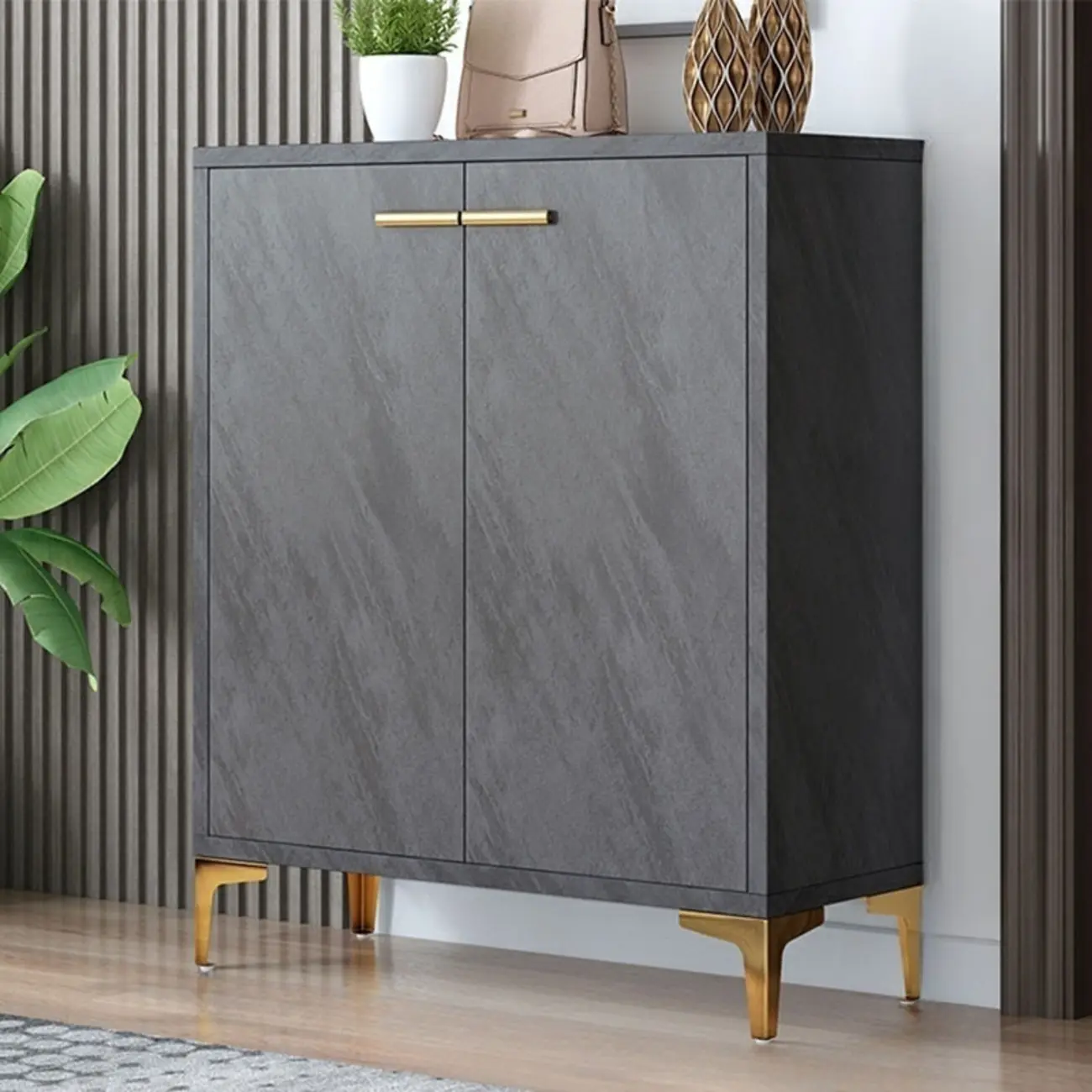 Elegant Grey Wood Hallway Shoe Cabinet with Metal Legs