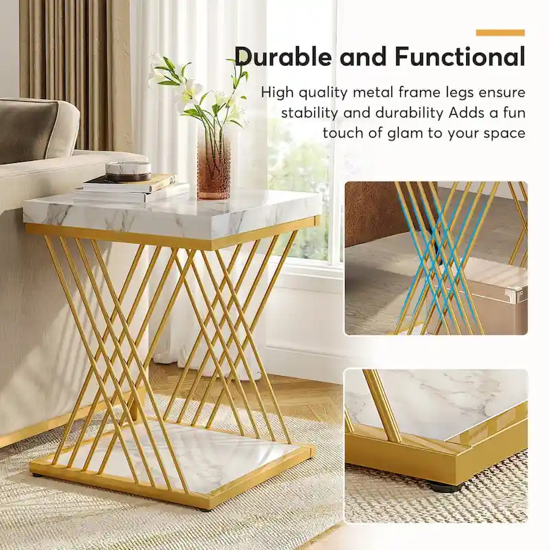 19.75 Inch Faux Marble Square End Table, Modern Bedside Tables, Gold Accent Table Living Room
