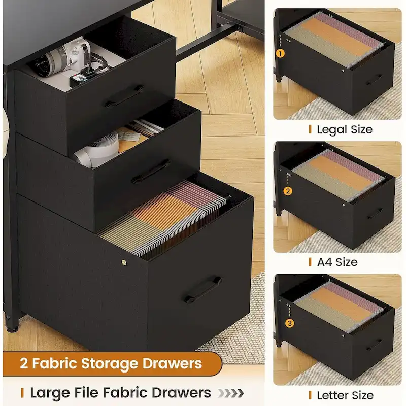 L Shaped Computer Desk 58 Office Desk with 3 Drawers and Bookshelf