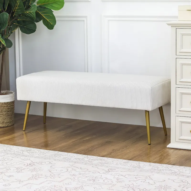 Adeco 43 Inch Velvet Bench Bed End Entryway Bench with Gold Legs