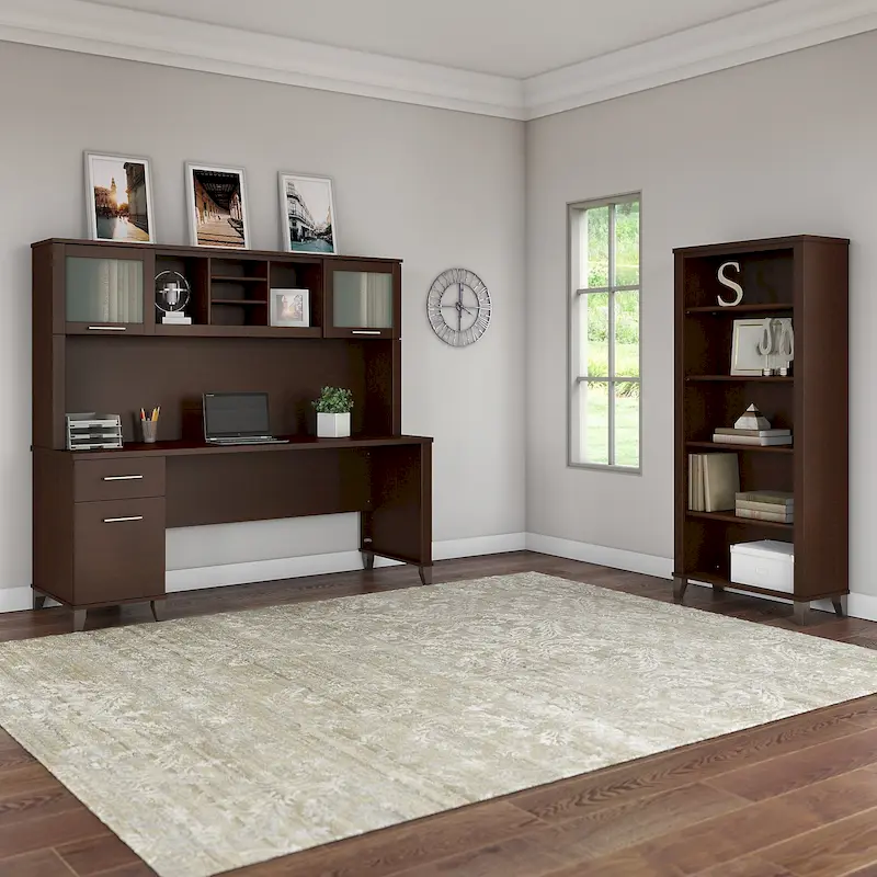 Somerset 72W Office Desk with Hutch and 5 Shelf Bookcase in Ash Gray
