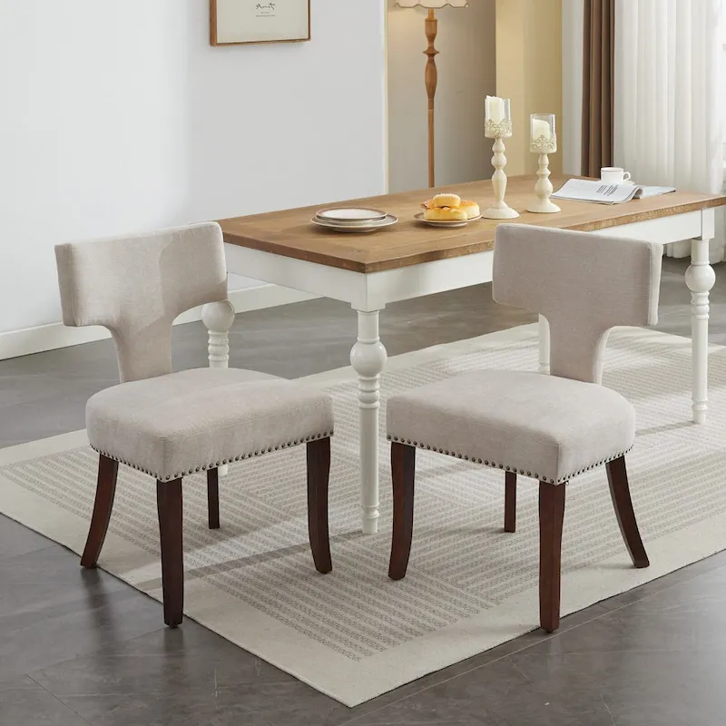Modern Dining Chairs Set of 2, Linen Fabric Upholstered Accent Chair Curved Backrest Kitchen Chairs with Rubberwood Frame