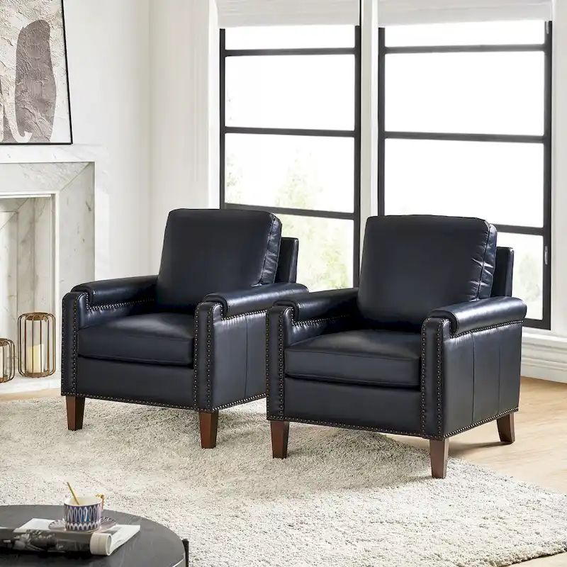 Kunz Transitional Genuine Leather Armchair with Removable Cushion and Nailhead Trims Set of 2 by HULALA HOME