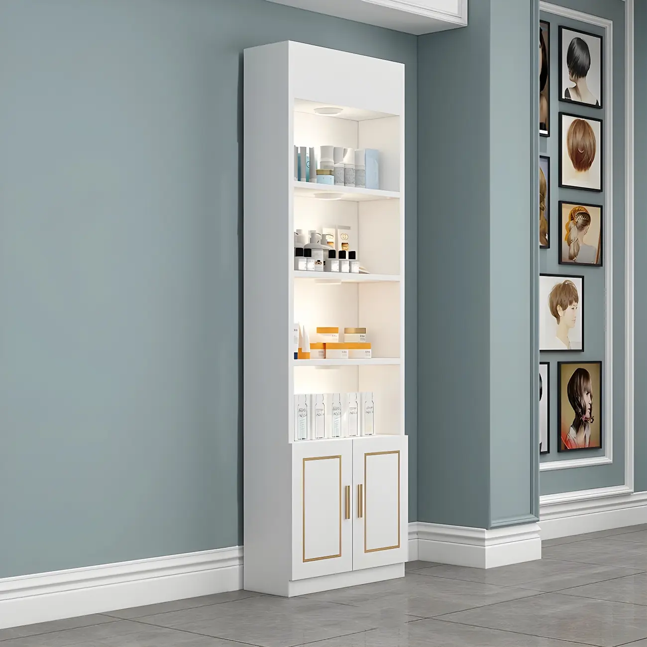 White Rectangle Large Wood Open Display Cabinet