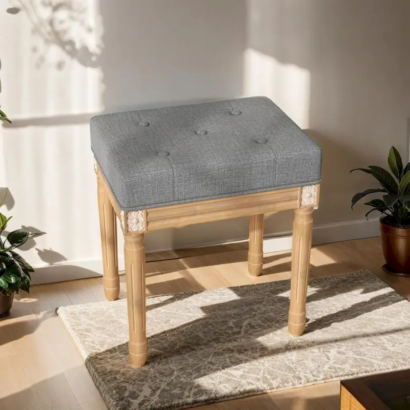 Button Tufted French Vintage Stool with Padded Seat Wood Frame