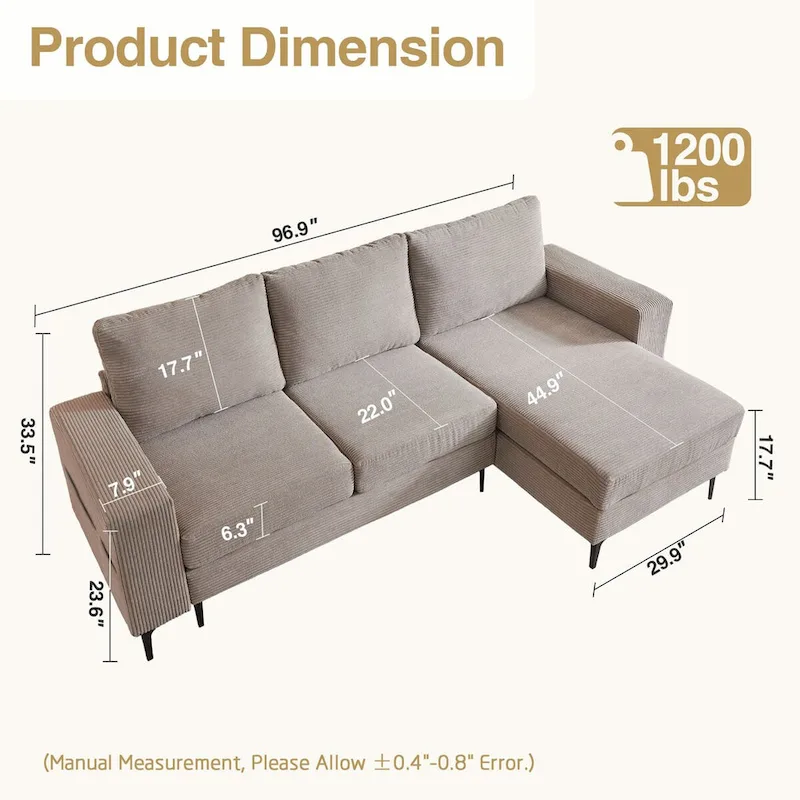 L-Shaped Upholstered Sofa Couch with Metal Legs