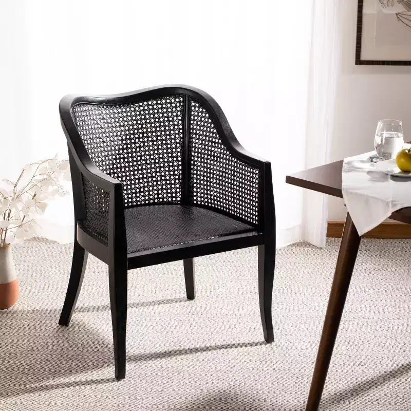 Cane Dining Arm Chair – Elm Wood Frame, Curved Back, White, 275 lb Capacity