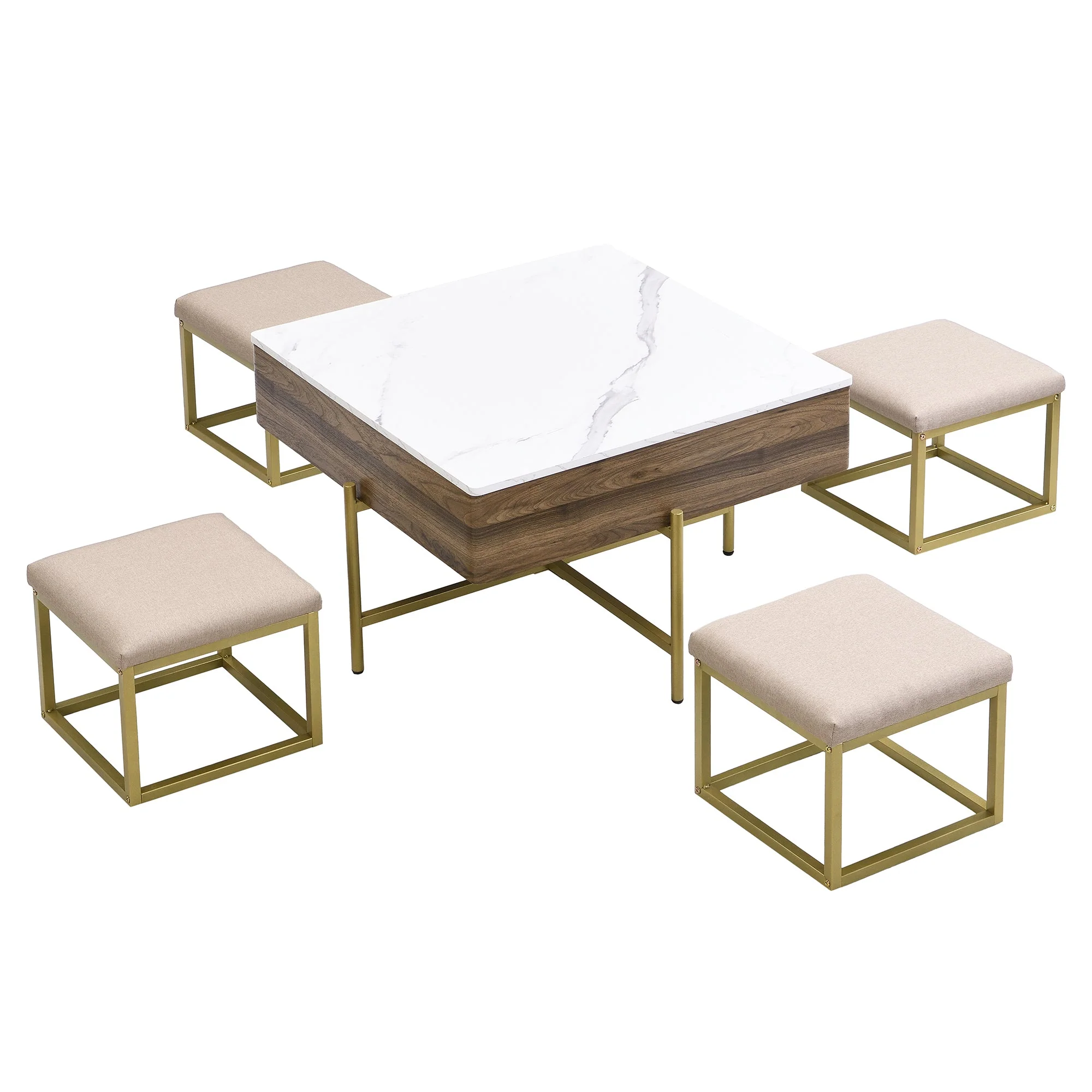 Walker Edison | Modern Square Lift-Top Coffee Table Set with 4 Ottomans