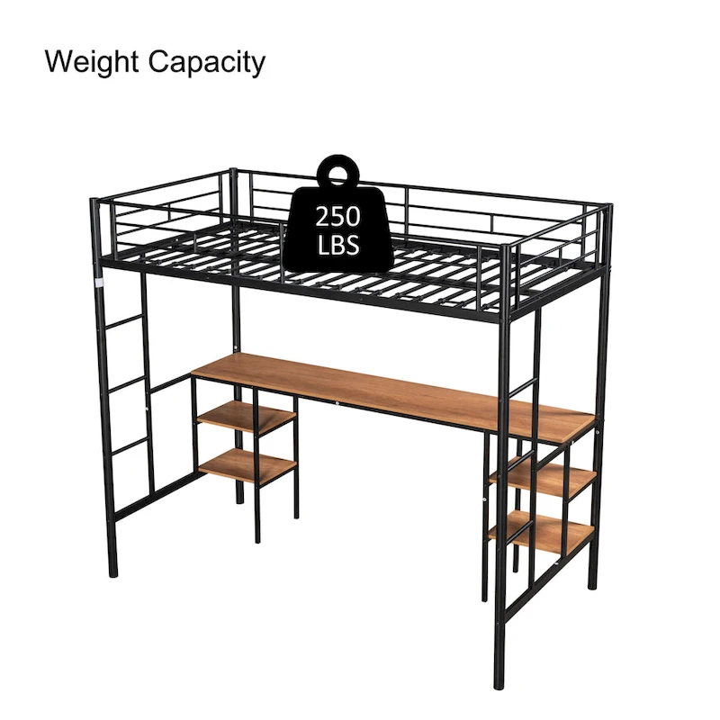 Twin Metal Loft Bed with Table & Shelves