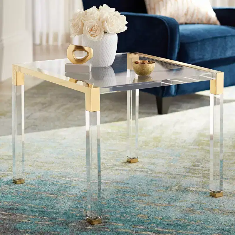 55 Downing Street Hanna Modern Cast Acrylic Accent Side End Table 23 1/2 x 24 Clear Gold for Living Family Room Bedroom Bedside Entryway Office Home