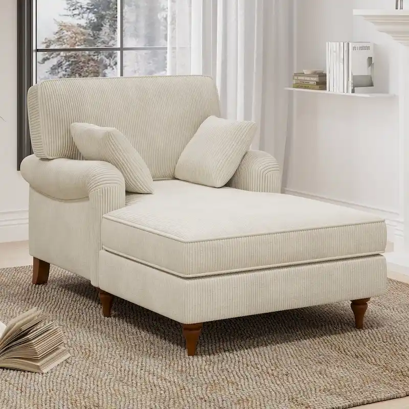 Roomfitters 40.5 Chaise Lounge Chair, Oversized Indoor Sofa with Pillows and Rolled Arms, Corduroy Upholstery, Beige