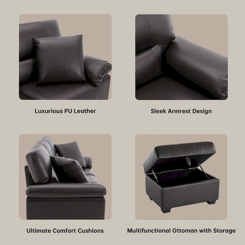 Upholstered Living Room Set, 4 Pieces - Faux Leather Chair, Loveseat, sofa with Ottoman