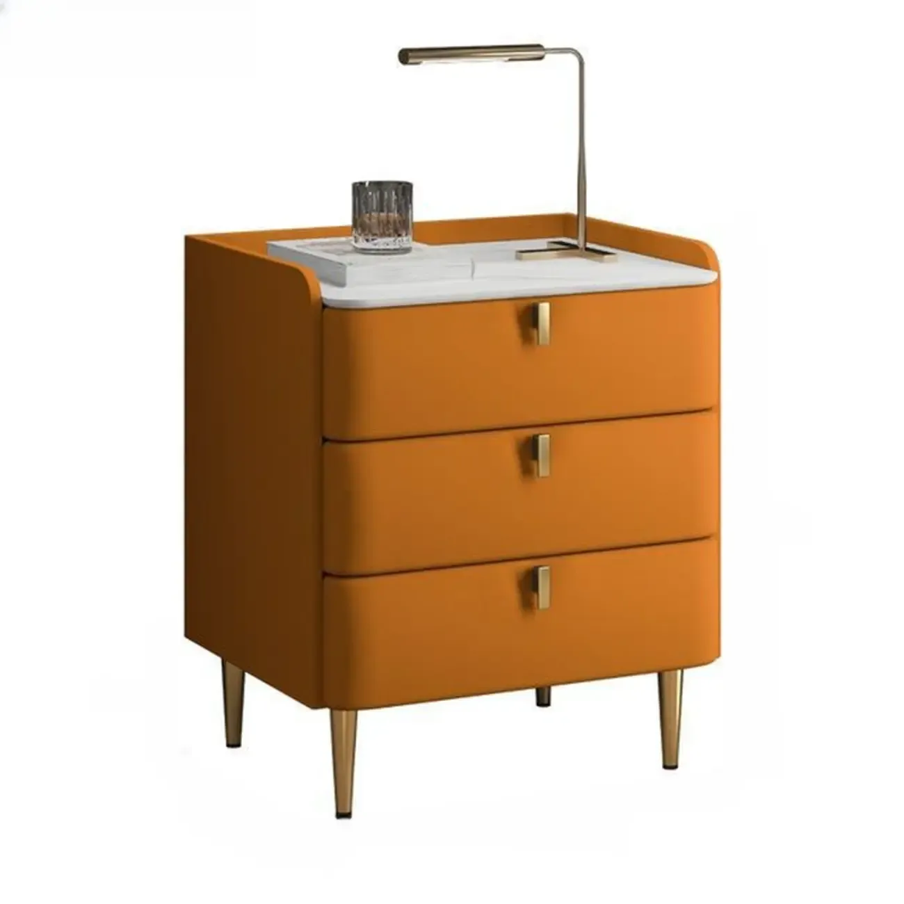 Modern Leather Stone Top Gold Accents 3-Drawer Nightstand