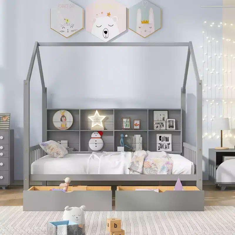Wooden Platform House Bed with Trundle and Shelf-ModernLuxe