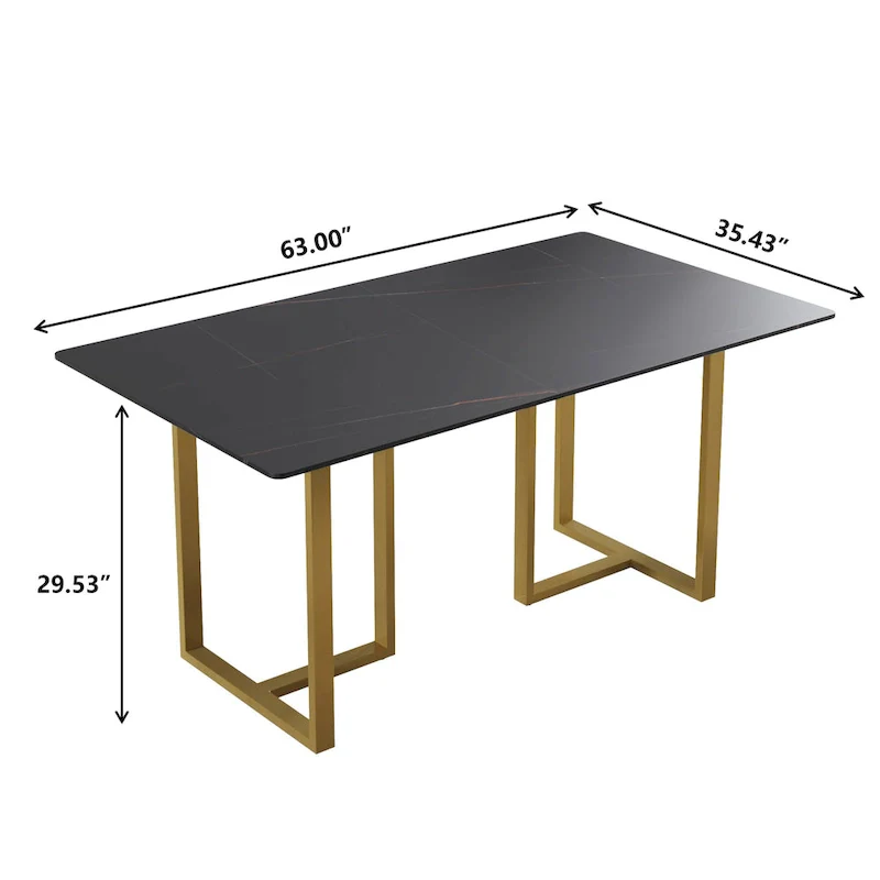 Black Modern 63L x 35W Rectangular Marble Dining Table with Steel Legs