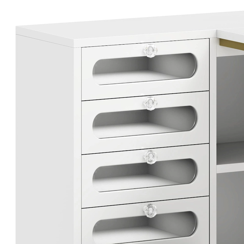 Moasis 5 Drawers L-Shape Nail Desk Set with Cushioned Stool and LED Light