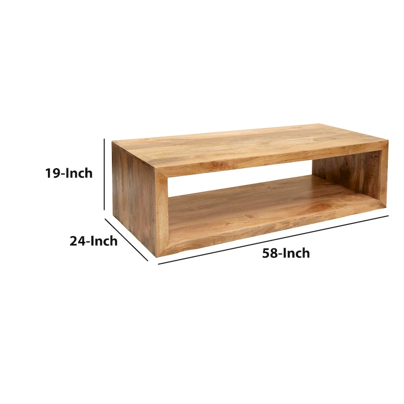 Keli 58 Inch Mango Wood Coffee Table, Open Cube, 1 Shelf, Natural Brown