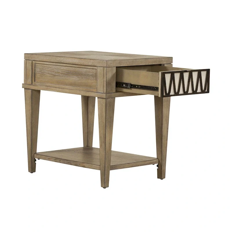 Chairside Table with Drawer & Bottom Shelf, Sandstone, Rubberwood & Oak Veneer, 18.5