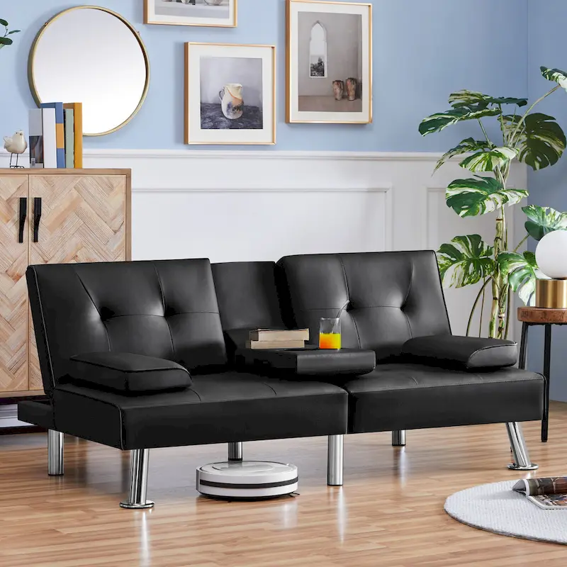 Yaheetech Faux Leather Convertible Futon Sofa Bed 3-In-1 Adjustable Futon Couch