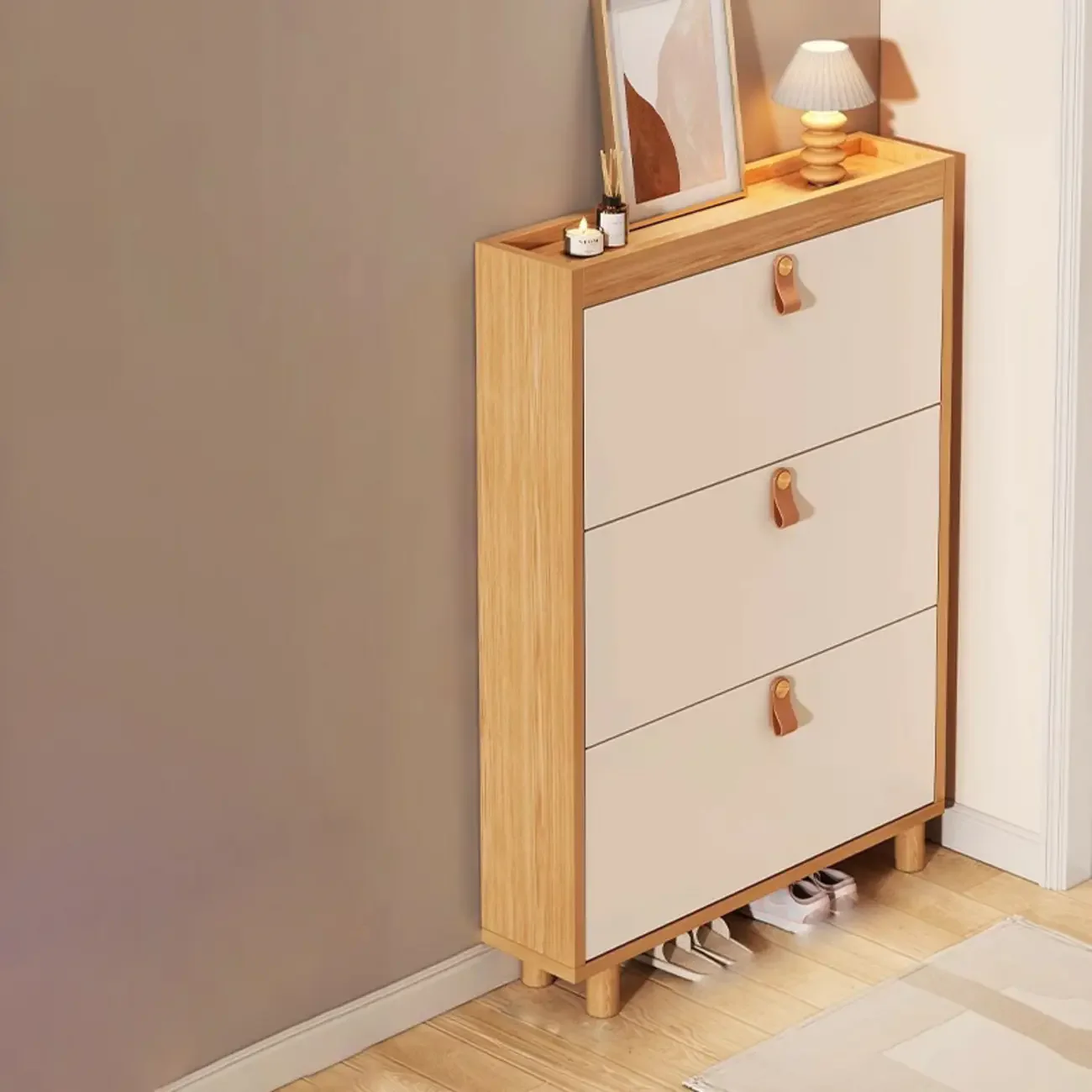 Natural Narrow Drop Front Shoe Cabinet with Doors