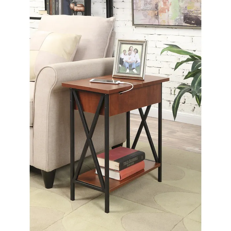 Convenience Concepts Tucson Flip Top End Table with Charging Station and Shelf