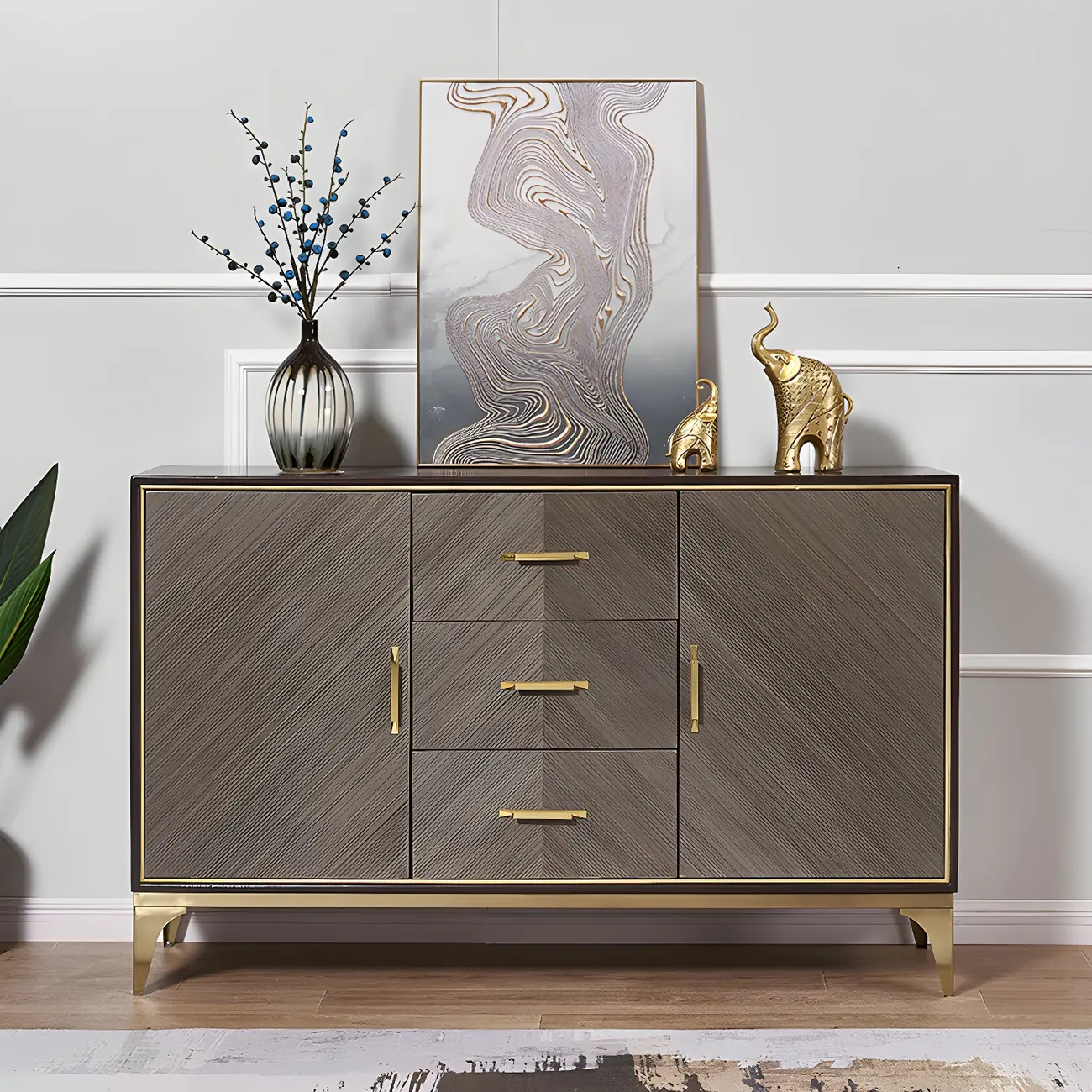 Glam Wooden Sideboard with Drawers & Adjustable Shelves
